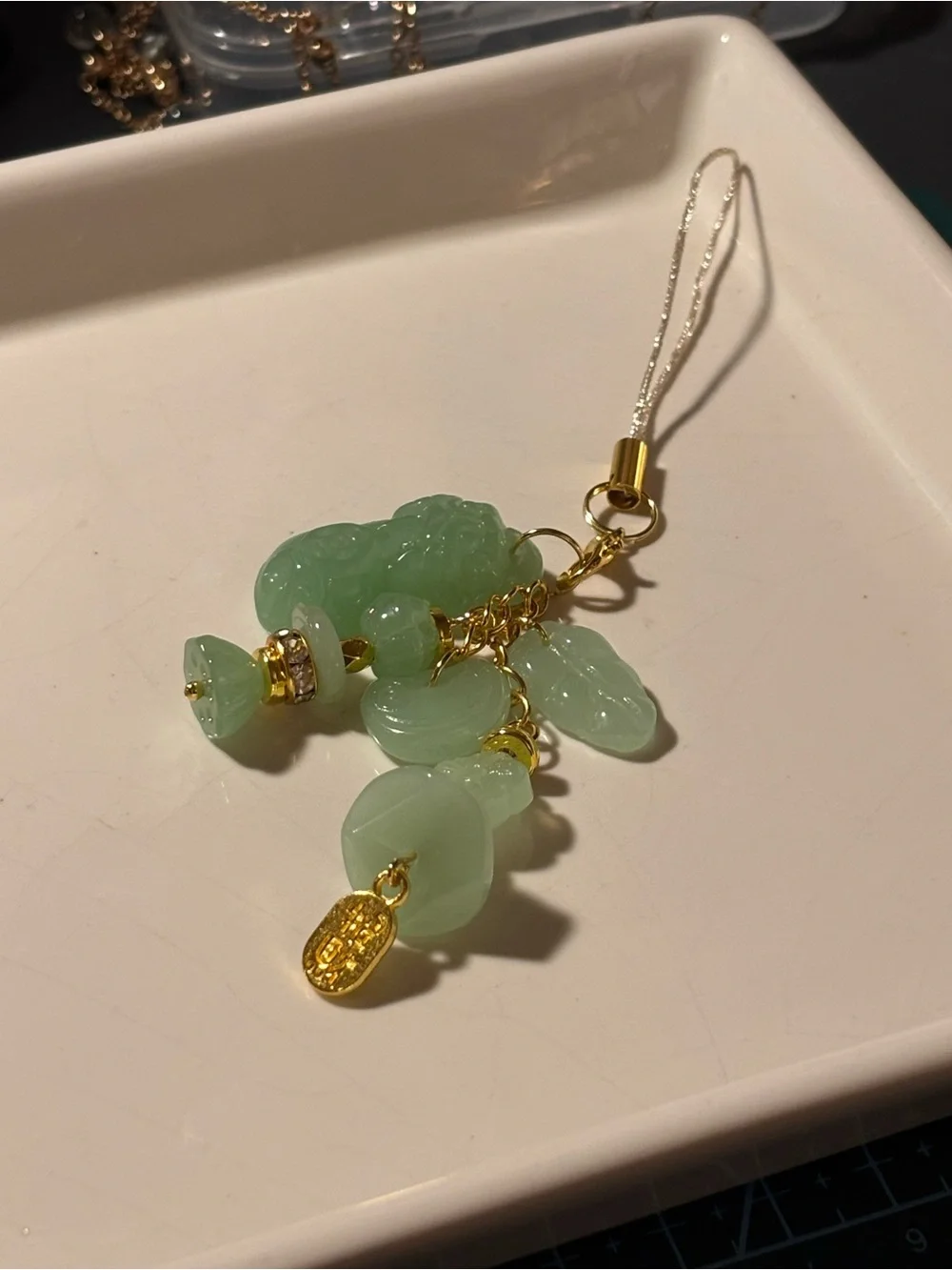 Green Jade-Inspired Charm Keychain with gold accents